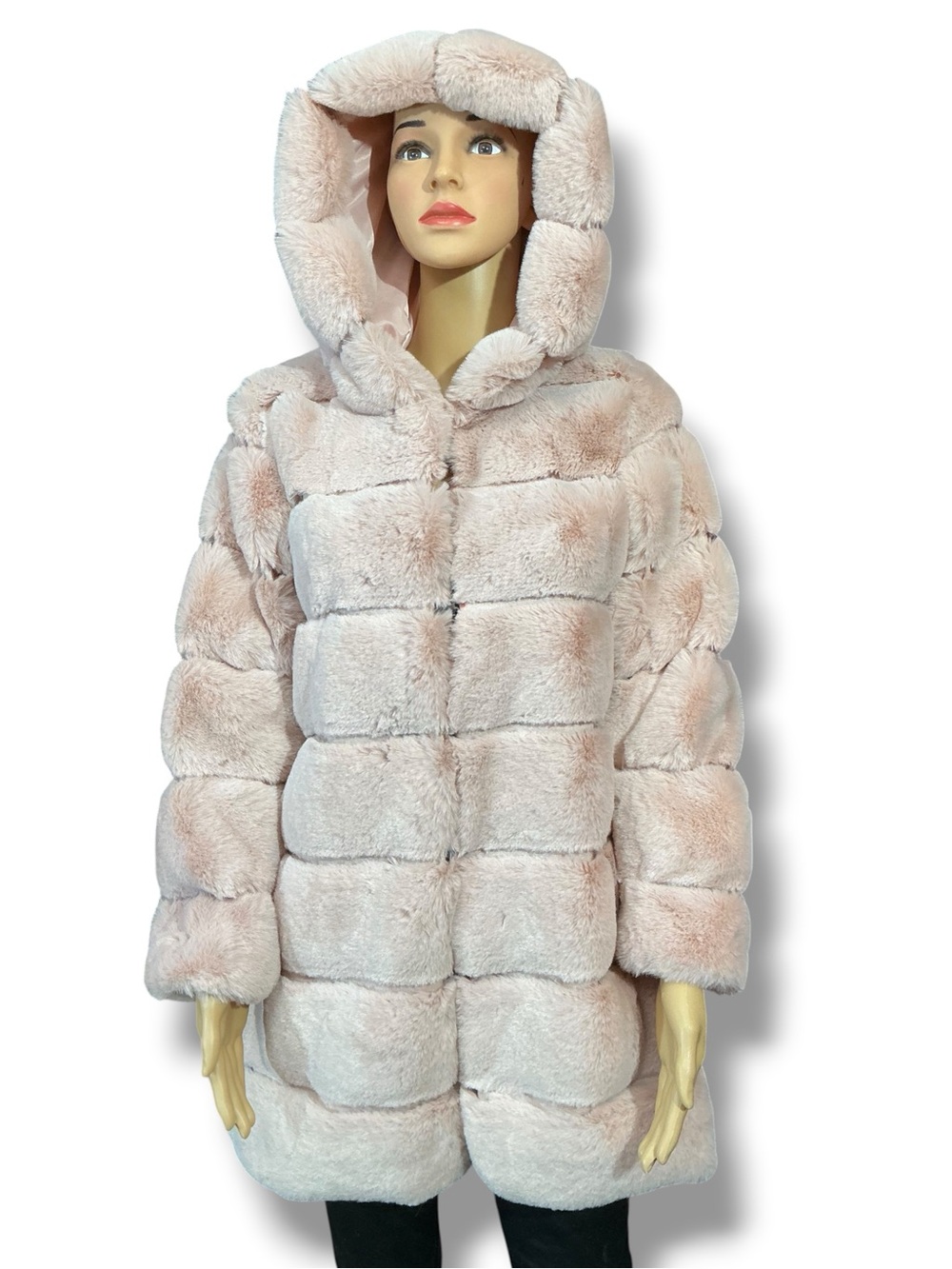 Cozy Hooded Teddy Coat in Blush Pink Grooved Faux Fur